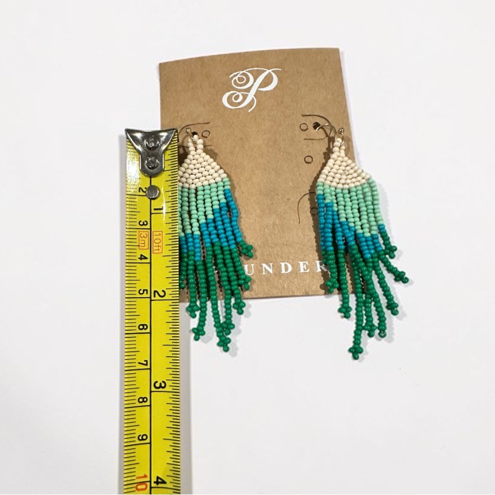 Plunder Beaded Fringe Statement Earrings Boho Teal Green Tassel Dangle Earrings - Picture 6 of 7